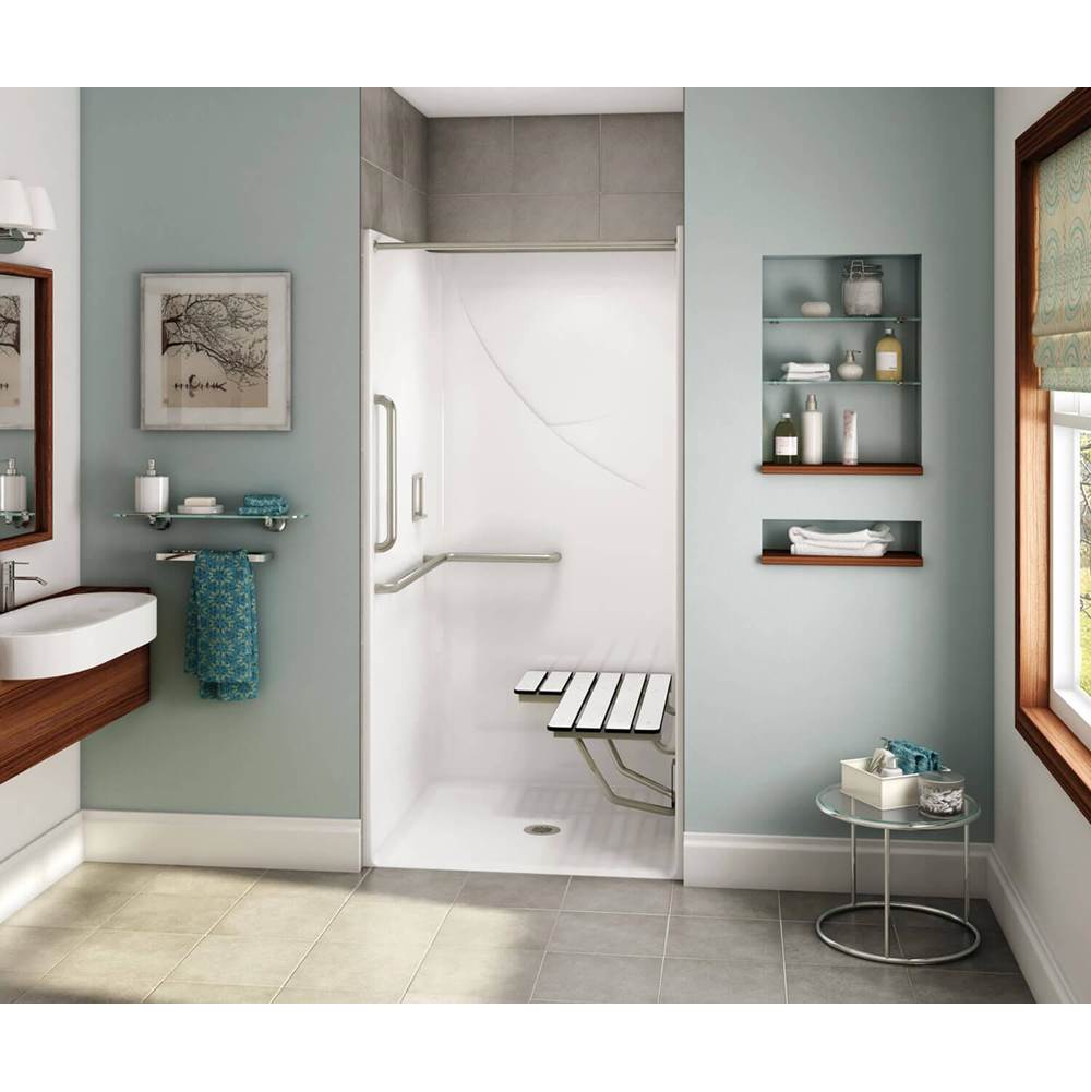 Aker OPS-3636 AcrylX Alcove Center Drain One-Piece Shower in Sterling Silver - L-shaped and Vertical Grab Bar and Seat