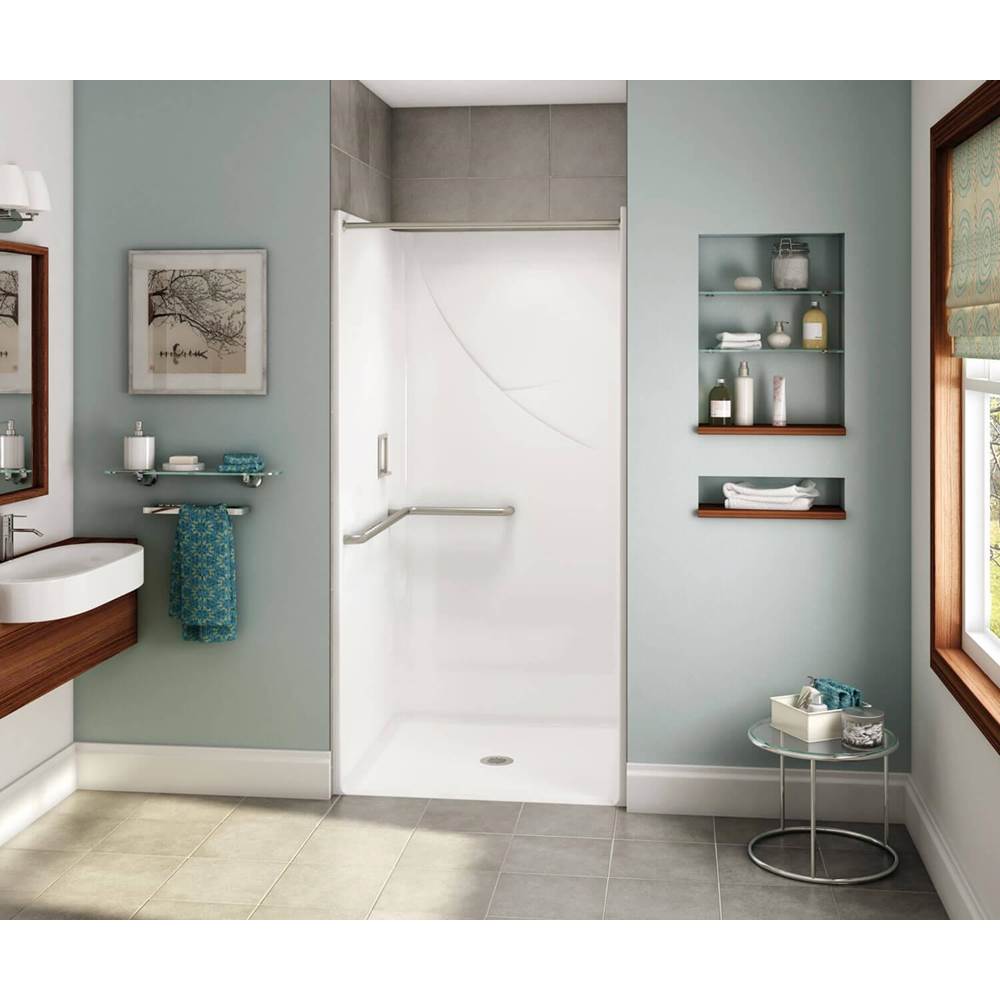 Aker OPS-3636 AcrylX Alcove Center Drain One-Piece Shower in Sterling Silver - L-shaped Grab Bar