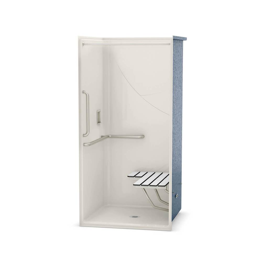 Aker OPS-3636 AcrylX Alcove Center Drain One-Piece Shower in Biscuit - L-shaped and Vertical Grab Bar and Seat