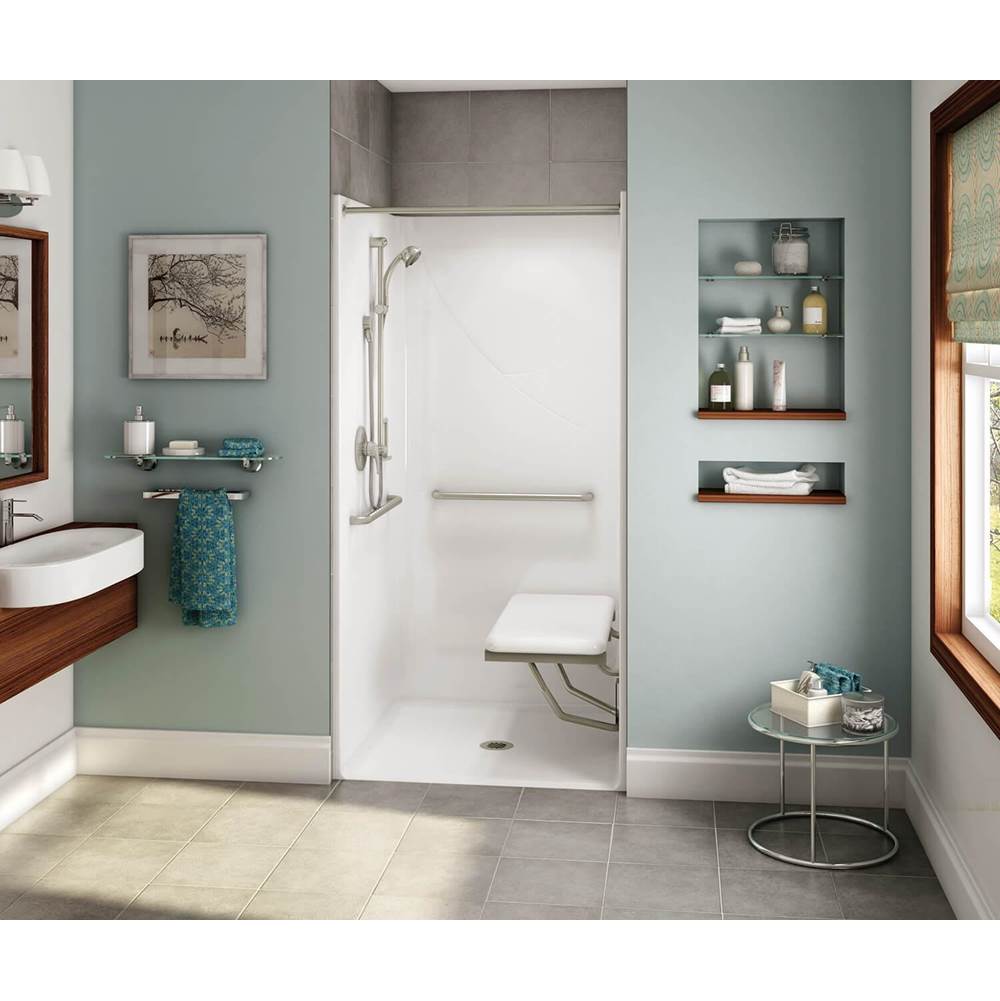 Aker OPS-3636-RS AcrylX Alcove Center Drain One-Piece Shower in Thunder Grey - with MASS grab bar and seat
