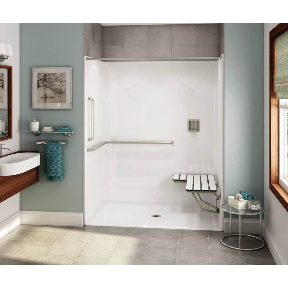 Aker OPS-6036 AcrylX Alcove Center Drain One-Piece Shower in Bone - ANSI Grab Bar and seat