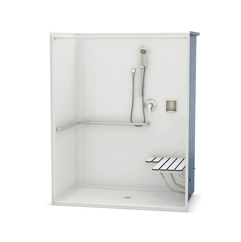 Aker OPS-6036 AcrylX Alcove Center Drain One-Piece Shower in Bone - ADA Compliant (with Seat)