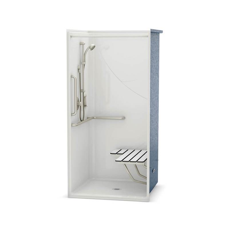 Aker OPS-3636-RS AcrylX Alcove Center Drain One-Piece Shower in Bone - Complete Accessibility Package with Vertical Bar