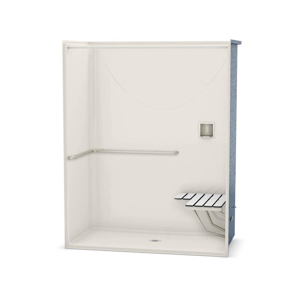 Aker OPS-6030-RS AcrylX Alcove Center Drain One-Piece Shower in Biscuit - ADA Grab Bar and Seat