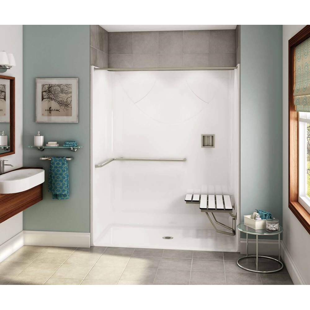 Aker OPS-6030-RS AcrylX Alcove Center Drain One-Piece Shower in Sterling Silver - ADA Grab Bar and Seat