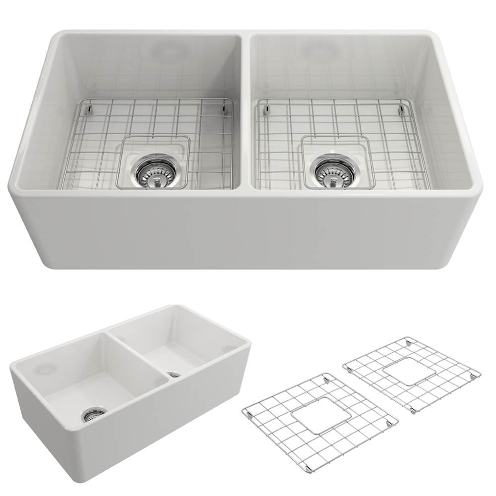 BOCCHI Classico Farmhouse Apron Front Fireclay 33 in. Double Bowl Kitchen Sink with Protective Bottom Grids and Strainers in White