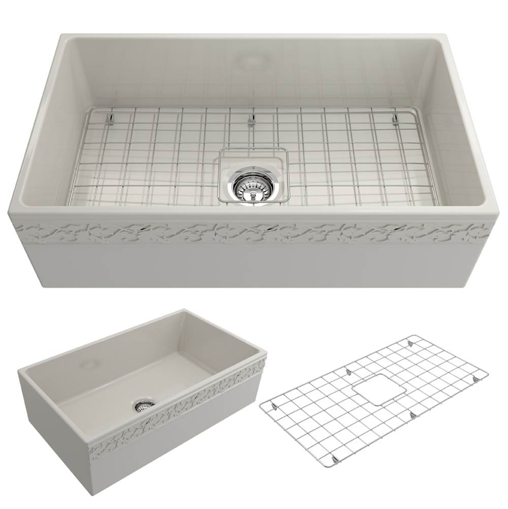 BOCCHI Vigneto Apron Front Fireclay 33 in. Single Bowl Kitchen Sink with Protective Bottom Grid and Strainer in Biscuit