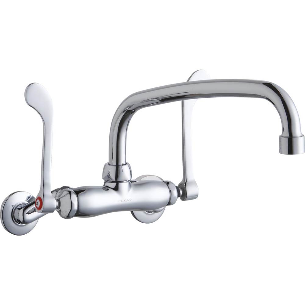 Elkay Foodservice 3-8'' Adjustable Centers Wall Mount Faucet w/10'' Arc Tube Spout 6'' Wristblade Handles 2in Inlet