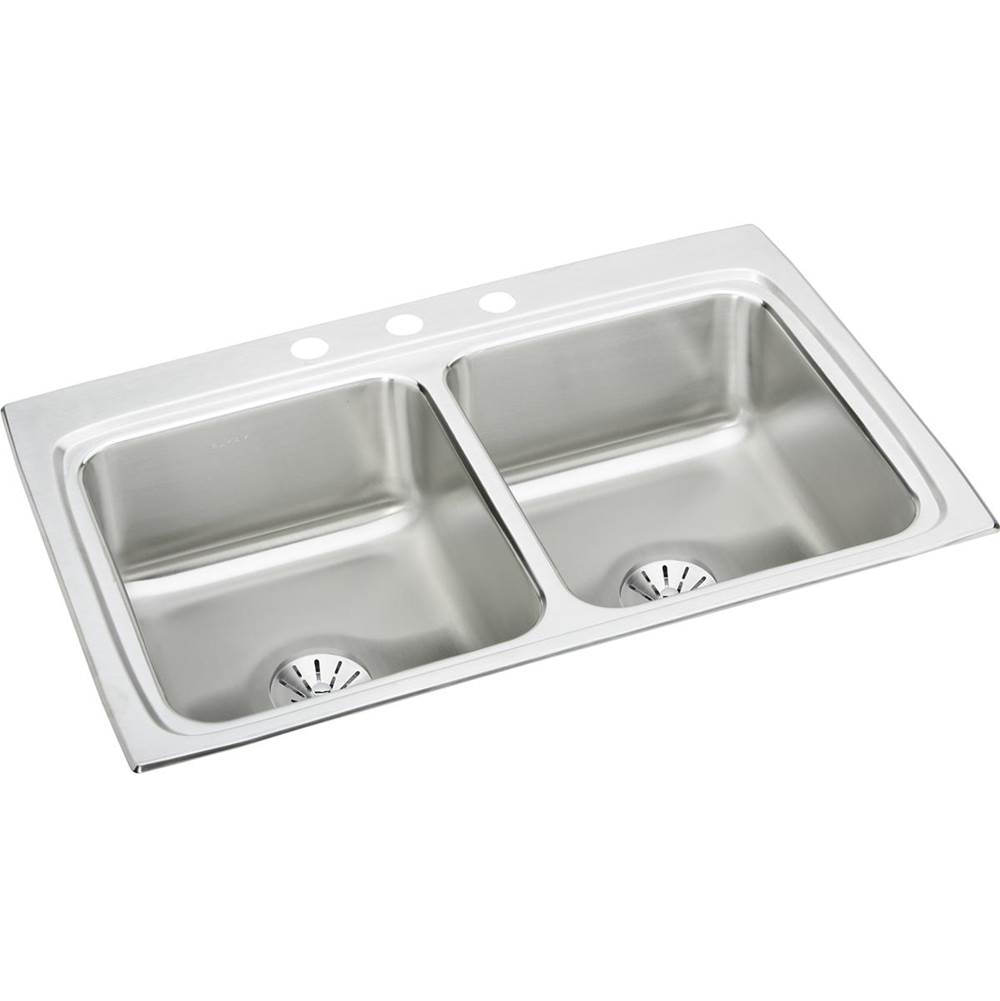 Elkay Lustertone Classic Stainless Steel 33'' x 22'' x 8-1/8'', 4-Hole Equal Double Bowl Drop-in Sink with Perfect Drain