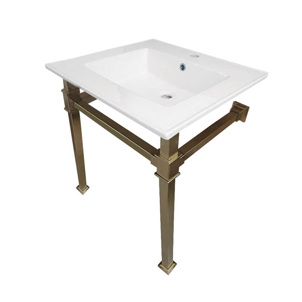 Kingston Brass Monarch 25-Inch Ceramic Console Sink (1-Hole), White/Brushed Brass