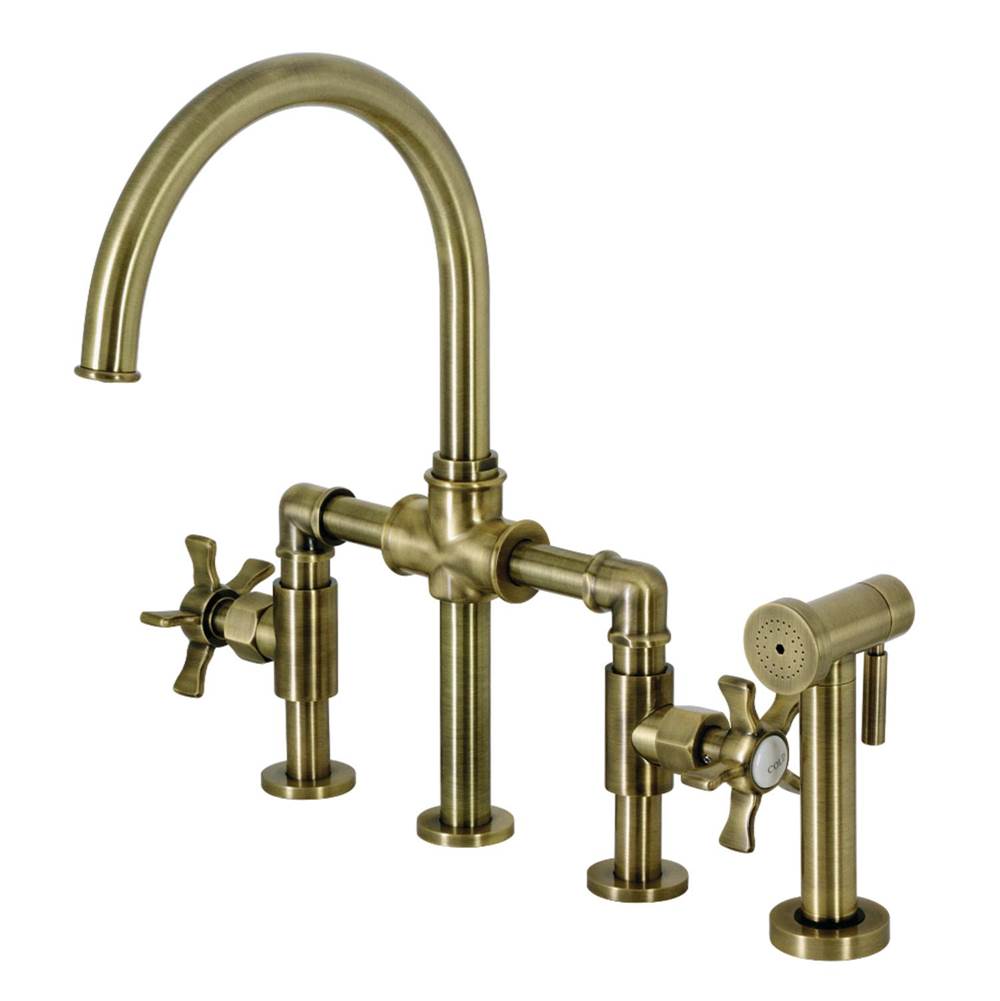 Kingston Brass Hamilton Industrial Style Bridge Kitchen Faucet with Brass Sprayer, Antique Brass