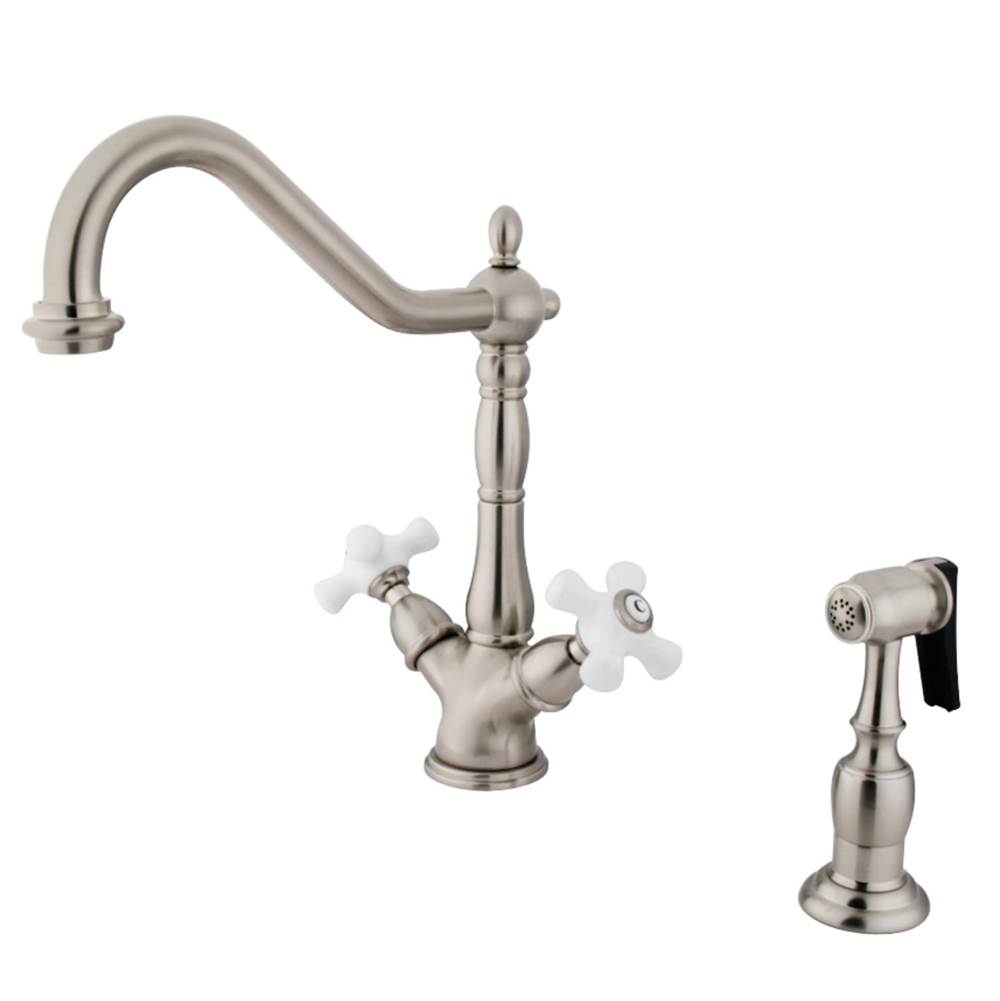 Kingston Brass Heritage 2-Handle Kitchen Faucet with Brass Sprayer and 8-Inch Plate, Brushed Nickel