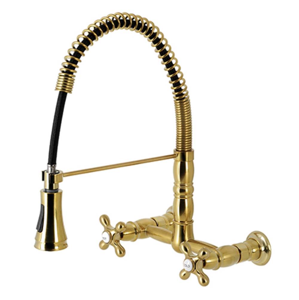 Kingston Brass Gourmetier Heritage Two-Handle Wall-Mount Pull-Down Sprayer Kitchen Faucet, Brushed Brass