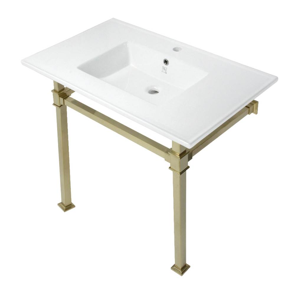 Kingston Brass Monarch 37-Inch Console Sink with Stainless Steel Legs (Single Faucet Hole), White/Brushed Brass