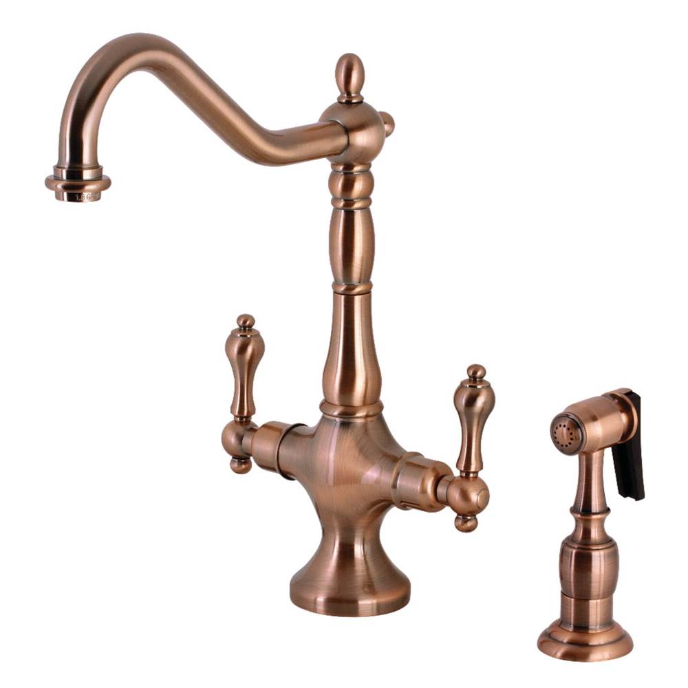Kingston Brass Heritage 2-Handle Kitchen Faucet with Brass Sprayer, Antique Copper