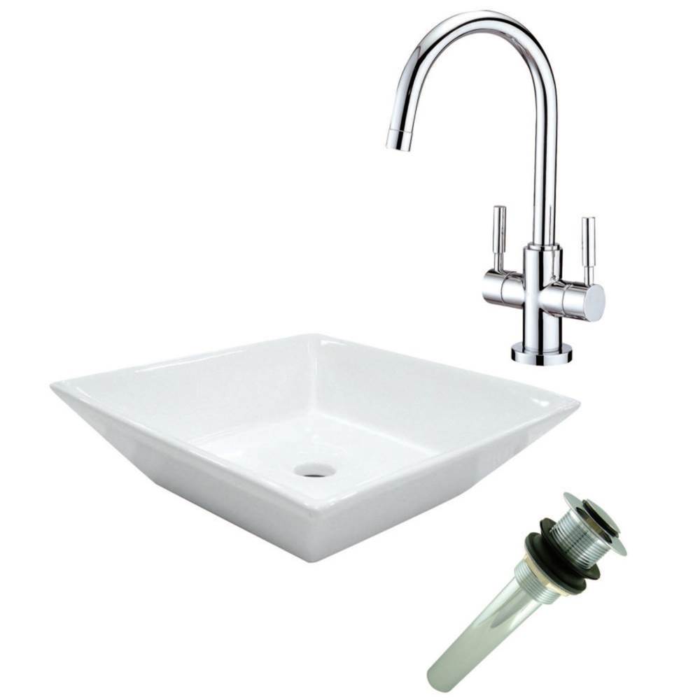 Kingston Brass Vessel Sink With Concord Sink Faucet and Drain Combo, White/Polished Chrome