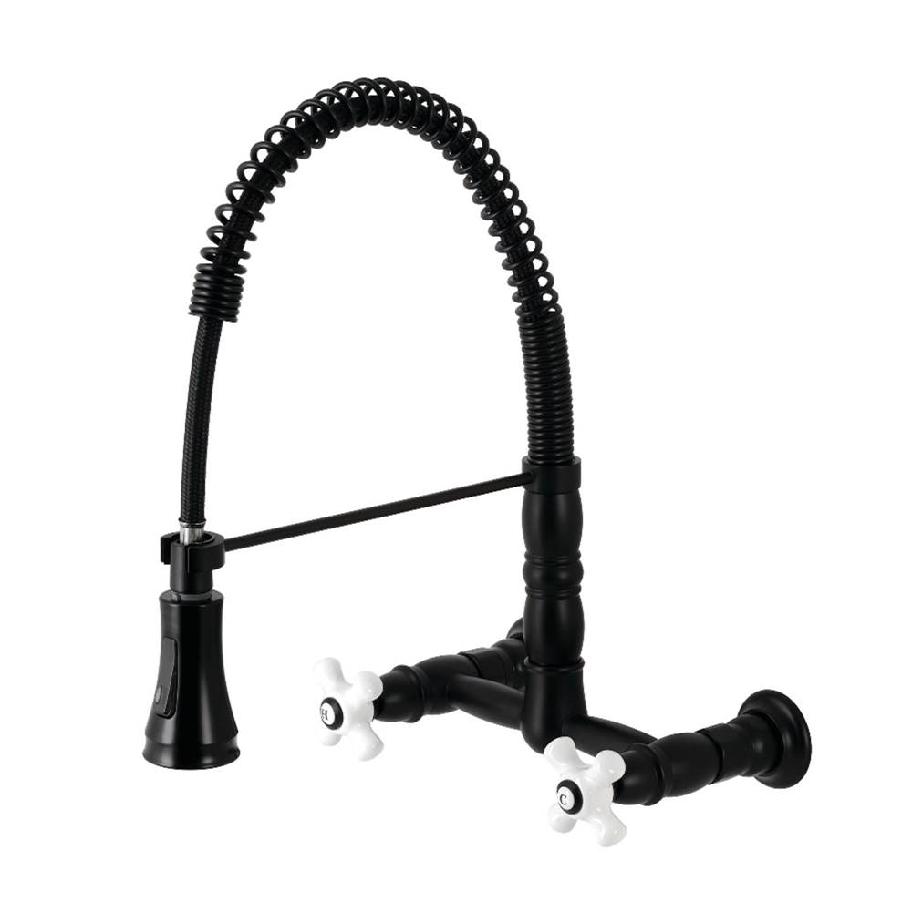 Kingston Brass Gourmetier Heritage Two-Handle Wall-Mount Pull-Down Sprayer Kitchen Faucet, Matte Black