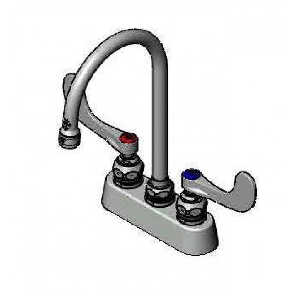 T&S Brass Workboard Faucet, Deck Mount, 3-1/2'' Centers, Swivel Gooseneck, 4'' Wrist-Action Handles